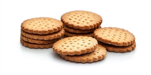 Assorted round cookies stacked and clustered on a clean white background showcasing golden-brown hues and textured surfaces with crisp edges