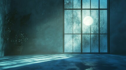 Moonlit room, plant, large window, textured walls.
