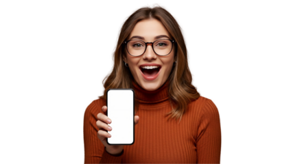 Joyful young woman enthusiastically displaying a phone with a blank screen