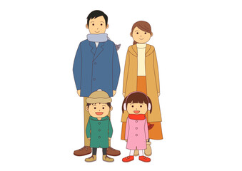 正面を向いた冬服の4人の家族のイメージイラスト_主線あり
