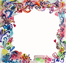 Watercolor doodle frame with flowers and red hearts on whit background. Colored hand painted love conception design.    