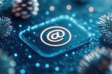 Modern @ Symbol on a Sparkling Blue Background with Snowy Pine Cones: A Wintry Digital Concept for Email and Communication Themes
