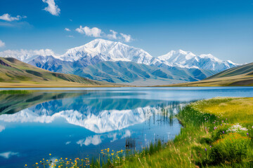 Reflective Beauty: The Mesmerising Landscape of a Reflecting Lake and Snow-Capped Mountains in a Kazakhstan National Park