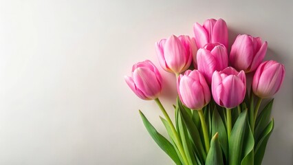Obraz premium Pink tulips in a minimalist setting with white background and slight blur effect, minimalist, simple
