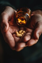 Man's hand holding bottle with pills, close-up of palm and medicine tablet, health concept, focus on well-being 2