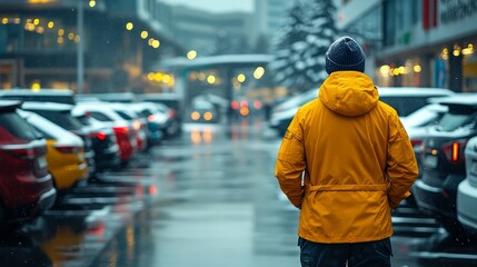 A person in a yellow jacket stands in a rainy parking lot, reflecting on the day.