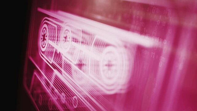 Audio Cassette tape retro 80s music record symbol abstract digital concept. Global network and cyber technology background seamless and looped 3d animation.