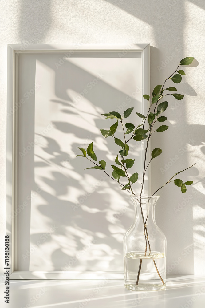 Poster minimalist composition with greenery in a glass vase and soft shadows