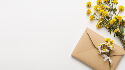 A simple brown envelope adorned with yellow flowers on a clean, white background, evoking a sense of warmth and personal touch.