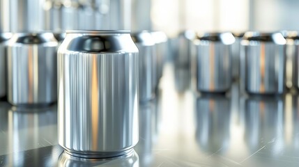 A row of shiny, silver beverage cans on a reflective surface, suggesting a production or storage setting.