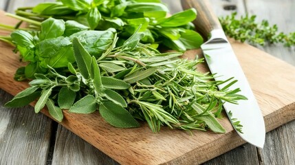 Freshly Cut Herbs on Wooden Cutting Board with Knife, Including Basil, Rosemary, and Thyme for Culinary Use in Cooking and Food Preparation