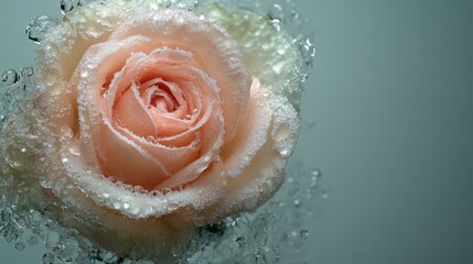 Fototapeta premium Delicate Pink Rose Preserved in Ice with Water Droplets, Capturing the Beauty of Nature and Space in a Sublime Display of Elegance and Fragility
