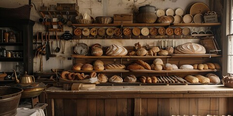 Fototapeta premium A rustic bakery display filled with various types of freshly baked bread and pastries.