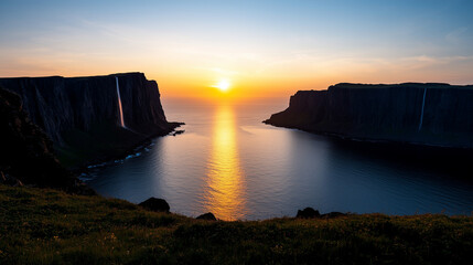 Melting glaciers forming waterfalls cascading into the ocean under a bright but ominous sky.