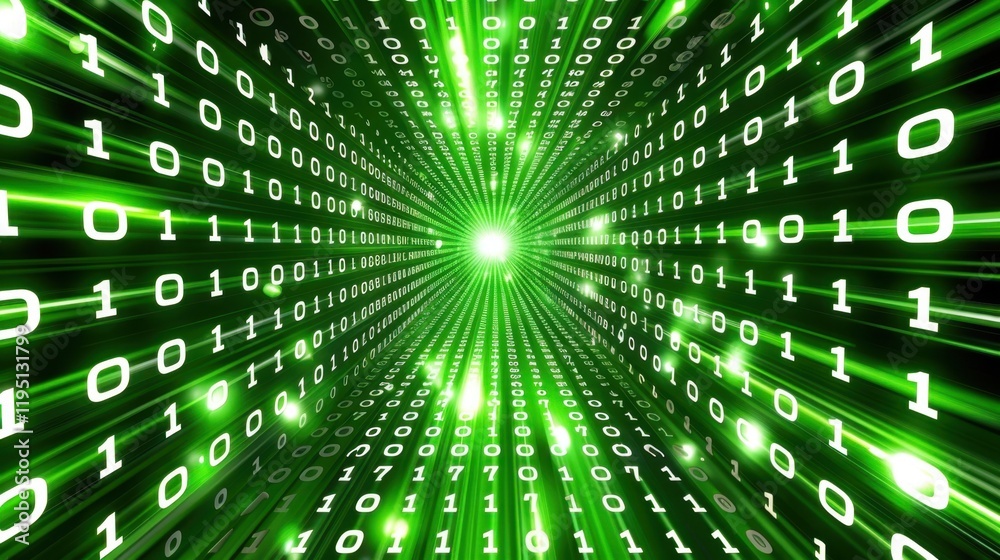 Poster digital tunnel with green binary code and light at center, representing technology and data flow