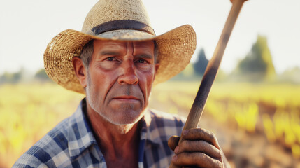 Fototapeta premium Rural farmer in a hat standing proudly in a cornfield