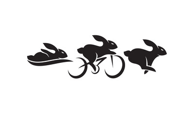 rabbits sledding, cycling, and running