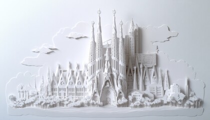Intricate paper cut of sagrada familia barcelona craft art white wood cut architectural environment creative perspective