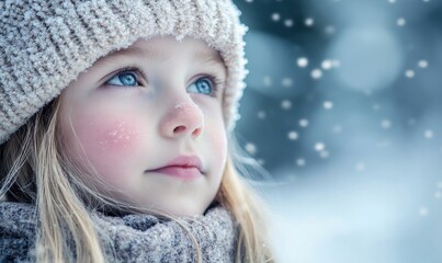 Child's snowy face, winter hat, hopeful gaze.
