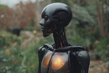 Profile view of a futuristic android in a garden.