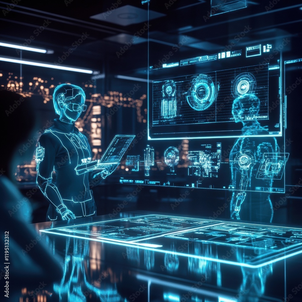 Leinwandbilder digital avatars collaborate in a futuristic workspace filled with holographic displays and advanced 