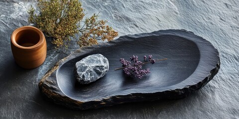 Dark slate serving dish with natural texture positioned centrally, accented by a small clay pot and dried flowers, featuring a smooth gray stone.