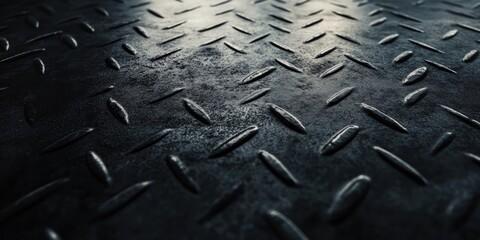 Textured steel flooring close-up showcasing a dark metallic surface with raised patterns ideal for industrial design and branding uses.