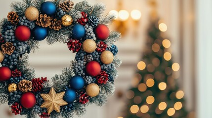 Fototapeta premium A festive Christmas wreath adorned with red, blue, and gold ornaments, hanging elegantly, with a softly blurred Christmas tree in the background.