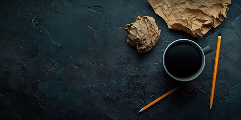 Crumpled brown paper and pencils on dark textured surface with a black coffee mug positioned centrally creating a minimalist workspace aesthetic.