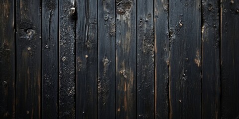Fototapeta premium Black wooden texture backdrop with uneven, weathered planks, featuring deep shadows and rich, dark tones creating a rustic ambiance.