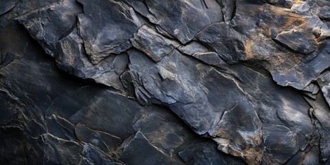 Black slate stone surface with textured details, showcasing dark gray and subtle gold hues, ideal for design backgrounds and creative projects.