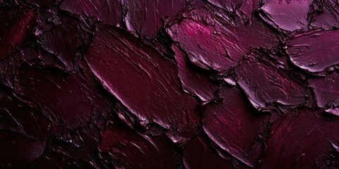 Obraz premium Dark vine-colored lipstick smudge texture against a dark background featuring varying shades of purple with ample copy space in the center