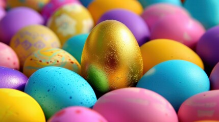 Colorful Easter eggs in various shades surround shiny golden egg, creating festive and joyful atmosphere. Perfect for celebrating spring and holiday traditions