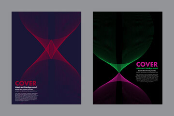 Dynamic vector abstract background featuring symmetrical curved lines in vibrant colors like hues of red on blue and green with magenta, creating a futuristic and modern aesthetic. For cover, poster 