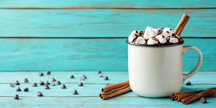 Decadent hot chocolate with homemade marshmallows and chocolate chips in a white enamel mug on turquoise wooden backdrop with cinnamon sticks and copy space