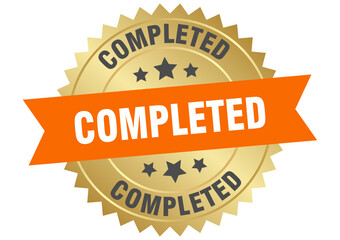 completed. completed round orange and gold label isolated on transparent background