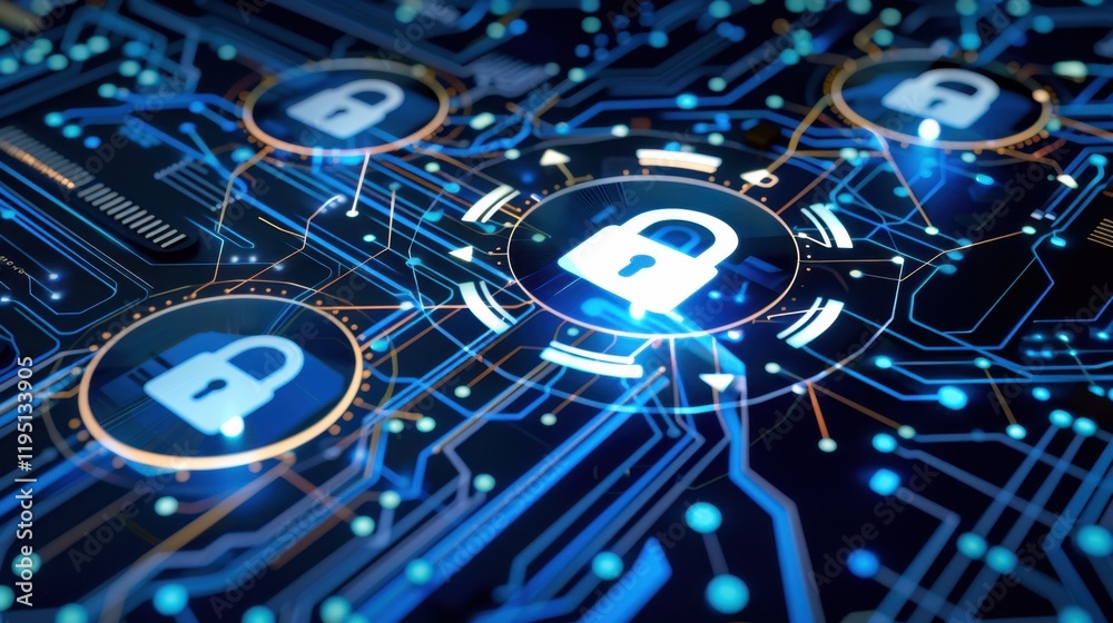 Poster digital security concept with glowing padlocks and circuit patterns
