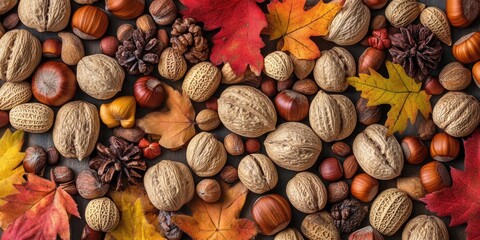 Autumnal nuts and leaves arrangement on a dark wood surface featuring red and yellow leaves scattered among various nuts and spices