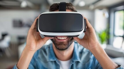 Man wearing virtual reality headset, smiling in modern interior space, enjoying immersive experience. atmosphere is lively and engaging, showcasing technology and innovation