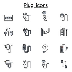 Plug, usb, cable, socket icon set in thin line style
