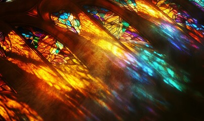 Stained glass window, colorful light, radiant hues.