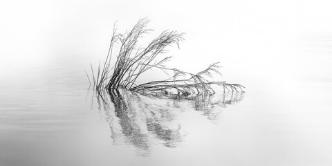 Obraz premium Monochrome image of dehydrated wild grass submerged in calm water with delicate reflections, featuring soft shades of gray and white tones.