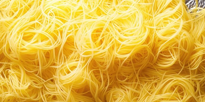 Delicate angel hair pasta arranged in a bright nest on dark aluminum foil with a top-down perspective highlighting the vibrant yellow color.