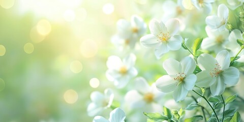 Soft focus spring flowers in a lush green backdrop with blurry white petals and gentle bokeh lights creating a serene horizontal composition.