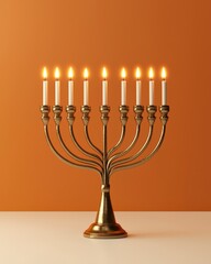 Fototapeta premium Elegant Menorah with Nine Candles Glowing Against Warm Orange Background for Celebrations and Festive Traditions