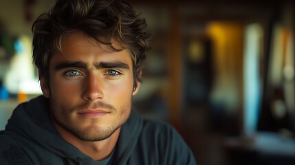 Obraz premium Close-up portrait of a handsome young man with blue eyes and wavy brown hair, wearing a dark gray hoodie.
