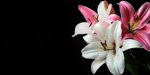 Obraz premium Elegant white and pink lily flowers cluster on the left with a rich black background providing ample copy space on the right side.