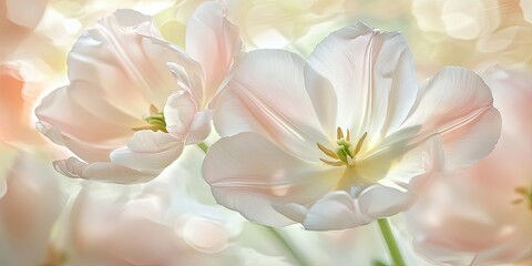 Fototapeta premium Elegant white pink tulip blossoms captured in soft focus with delicate petals in the foreground against a gently blurred pastel garden background.