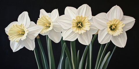 White daffodils in full bloom standing tall against a dark background with vibrant yellow centers and lush green leaves creating a serene composition