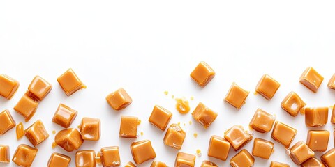 Caramel candy squares scattered across a white background with smooth texture and ample copy space for creative use and branding